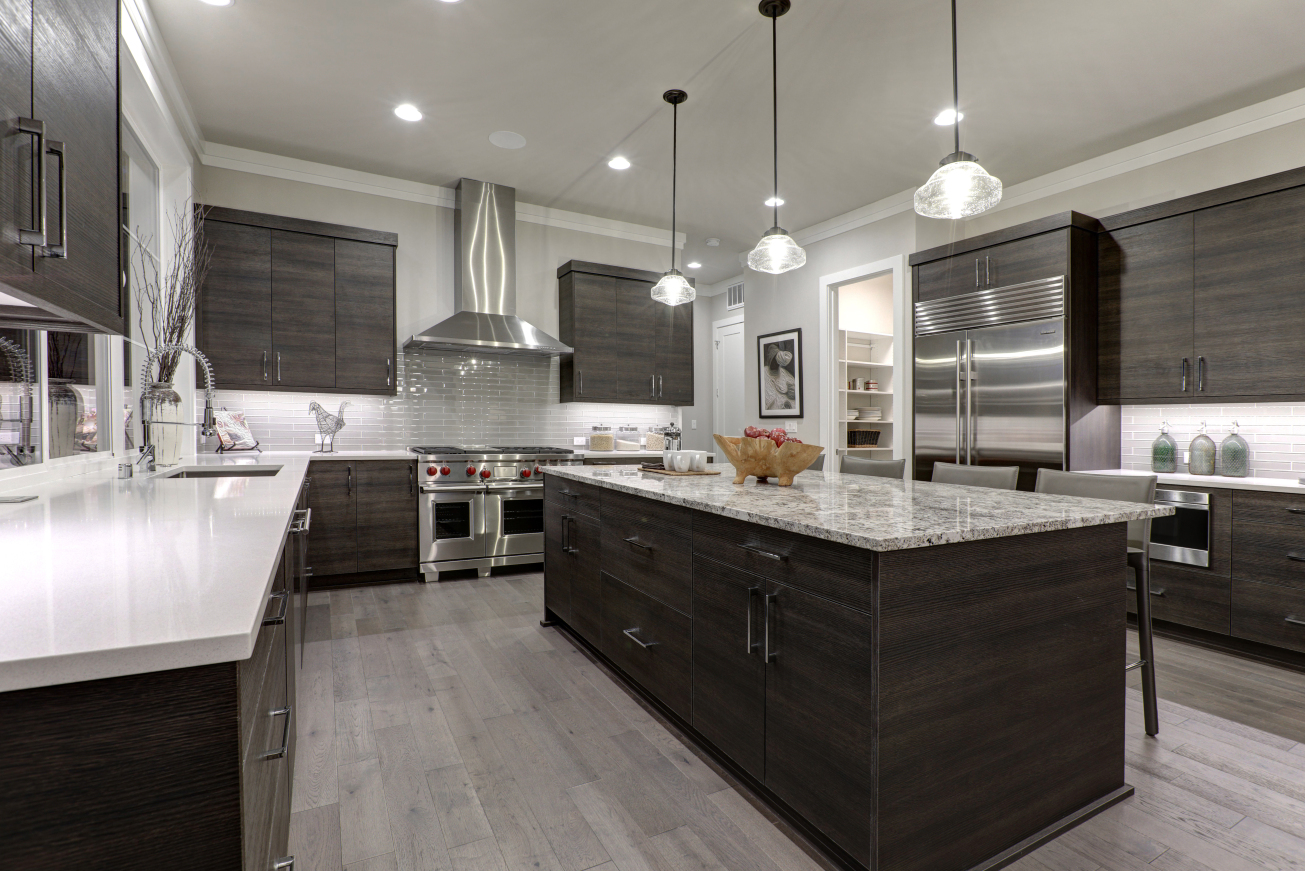 Modern,Gray,Kitchen,Features,Dark,Gray,Flat,Front,Cabinets,Paired